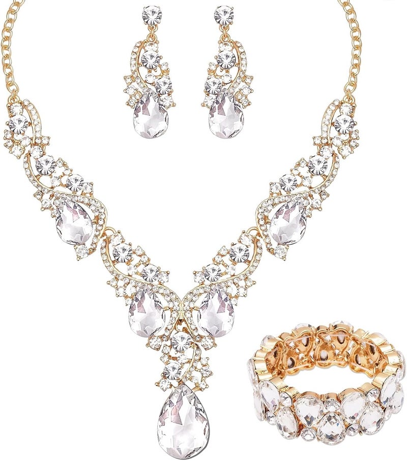 CSY Women's Elegant Bridal Necklace Earrings Stretch Bangle Bracelsts Set for Bride Bridesmaid Wedding Teardrop Crystal Costume Jewelry Sets - Image 1